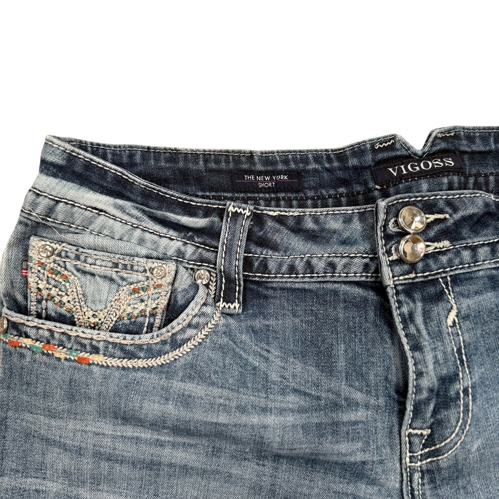 Vigoss Denim Shorts Blue Womens Size 16 Y2K Embellished Bling Pocket Hot Pants