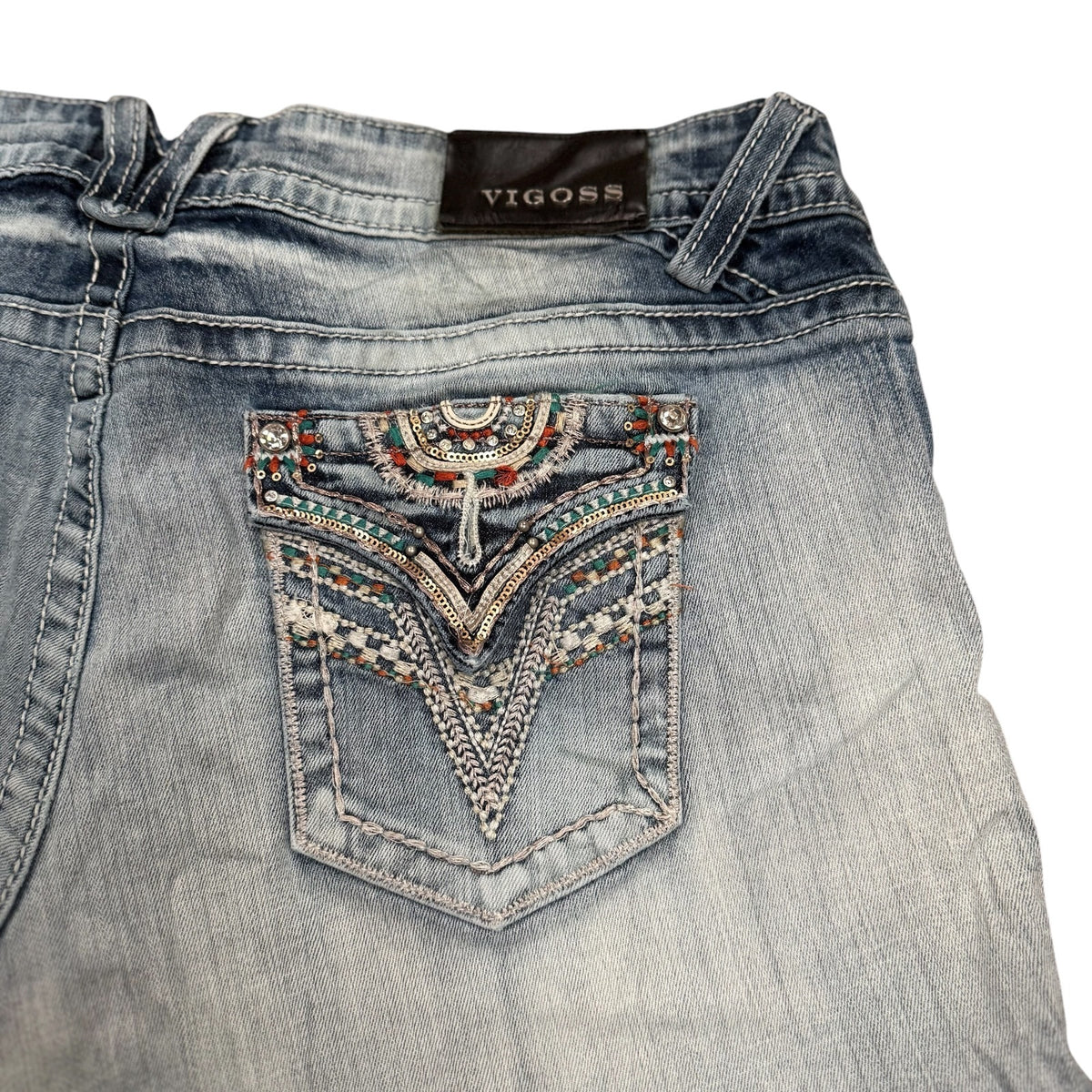 Vigoss Denim Shorts Blue Womens Size 16 Y2K Embellished Bling Pocket Hot Pants