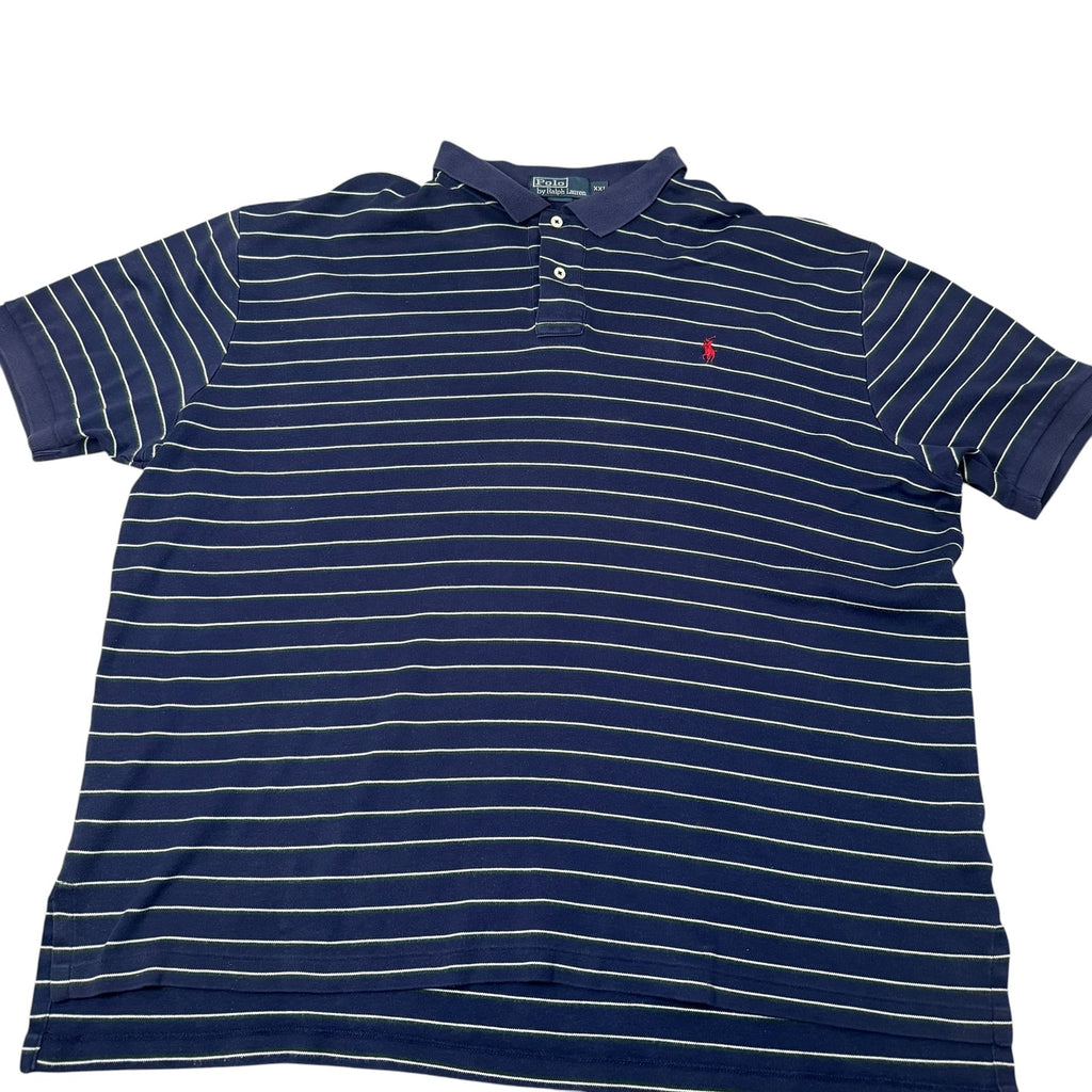 Ralph Lauren Polo Shirt Striped Navy White Short Sleeve Vintage Mens XXL