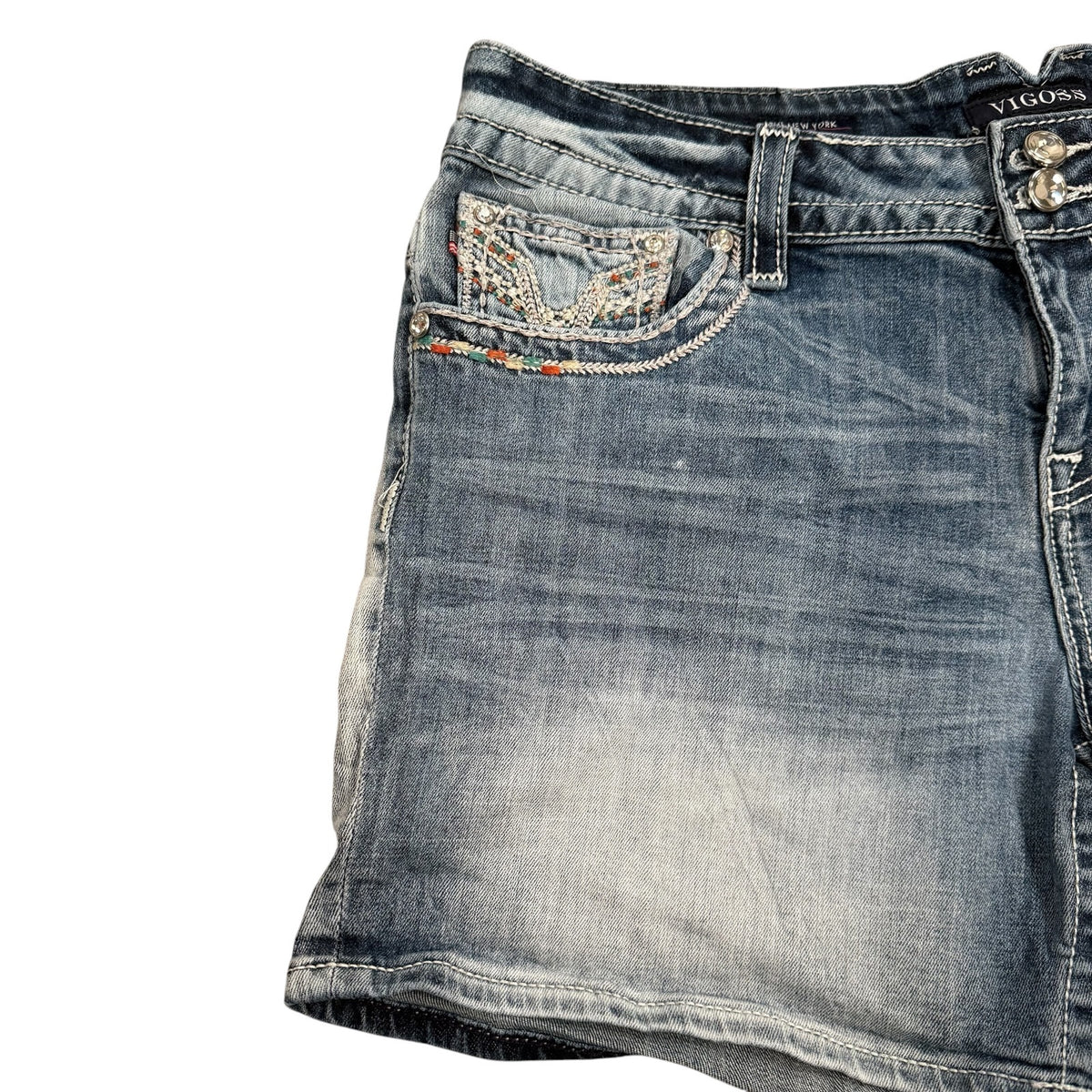 Vigoss Denim Shorts Blue Womens Size 16 Y2K Embellished Bling Pocket Hot Pants