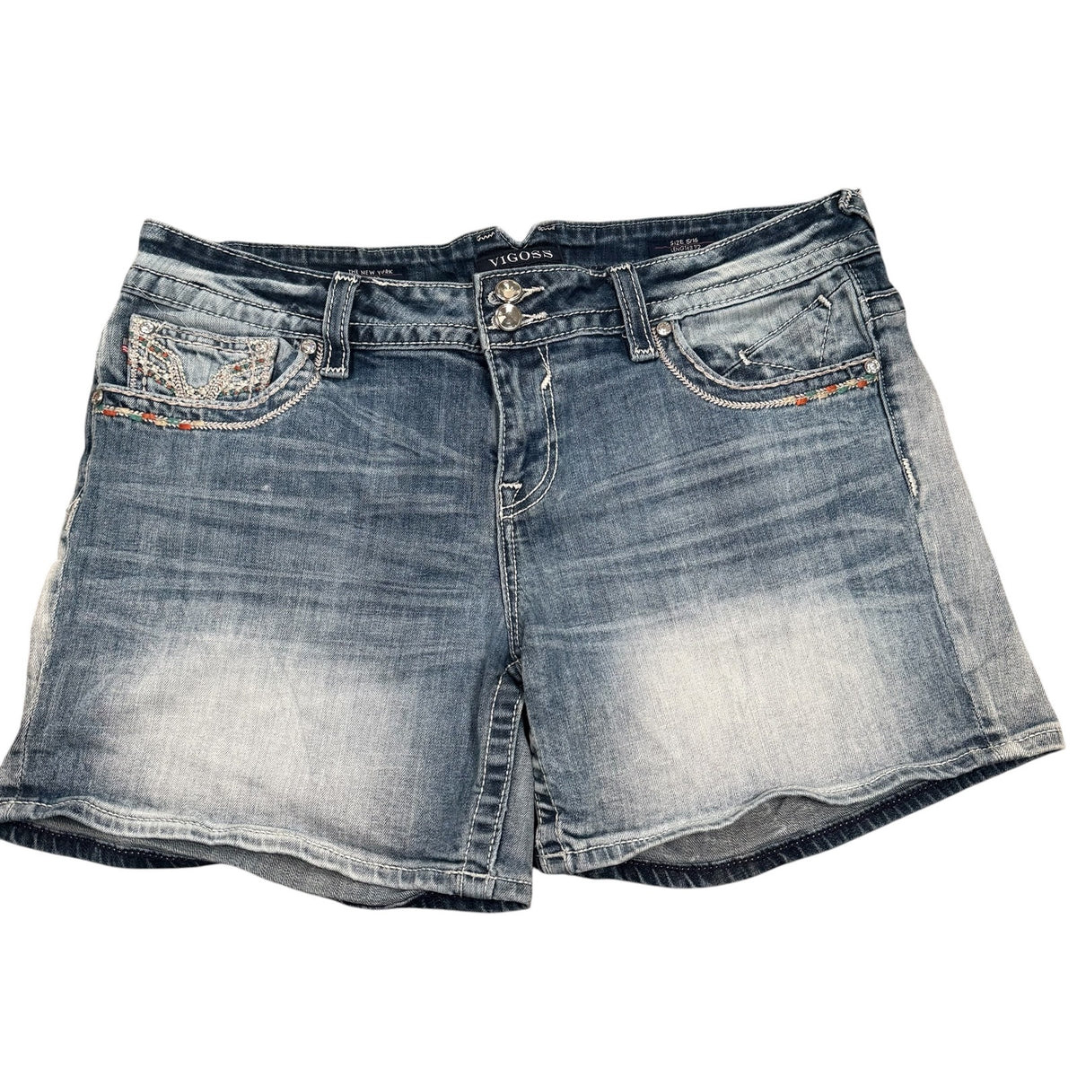 Vigoss Denim Shorts Blue Womens Size 16 Y2K Embellished Bling Pocket Hot Pants