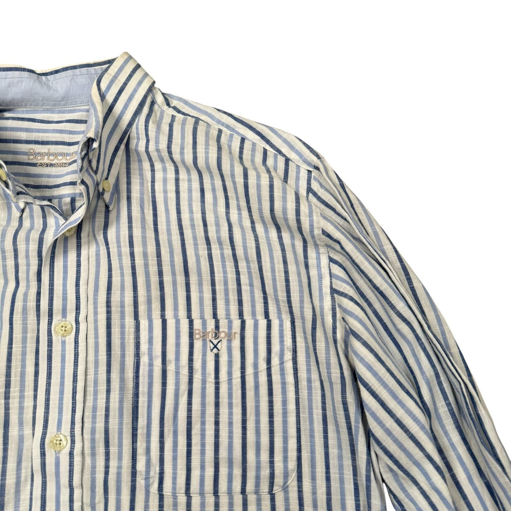 Barbour Button Down Shirt Long Sleeve Blue and White Striped Large