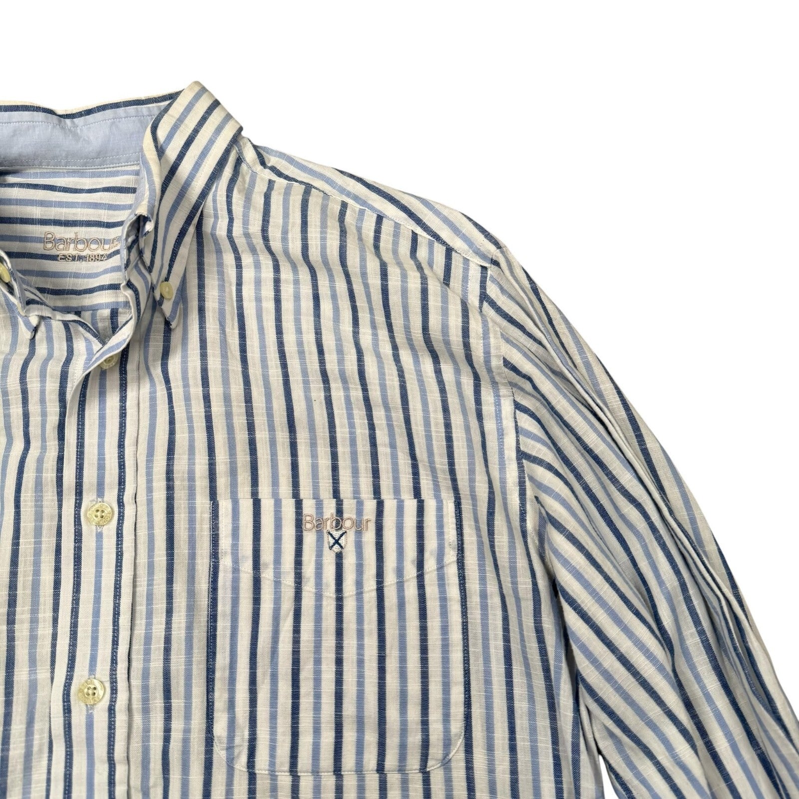Barbour Button Down Shirt Long Sleeve Blue and White Striped Large