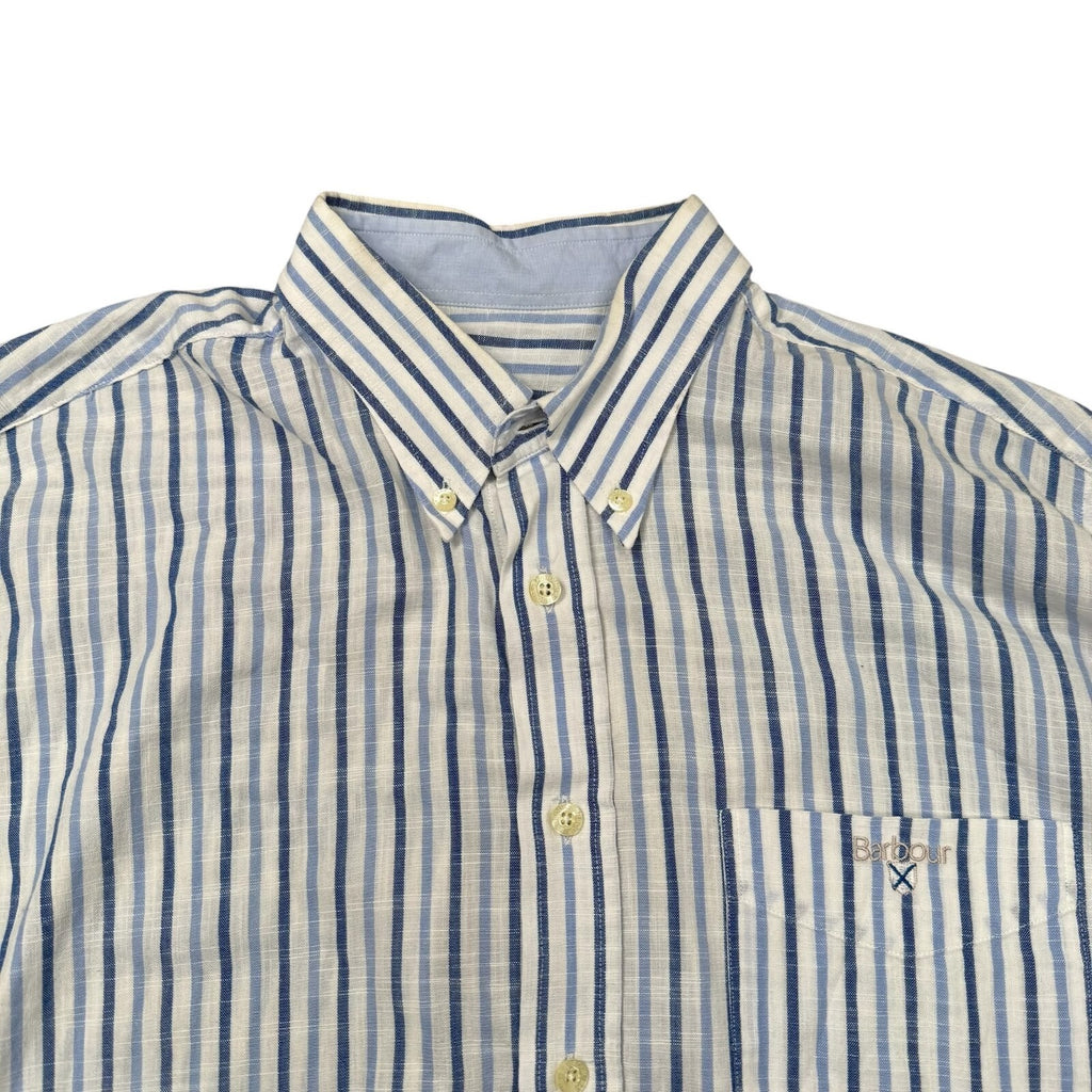 Barbour Button Down Shirt Long Sleeve Blue and White Striped Large