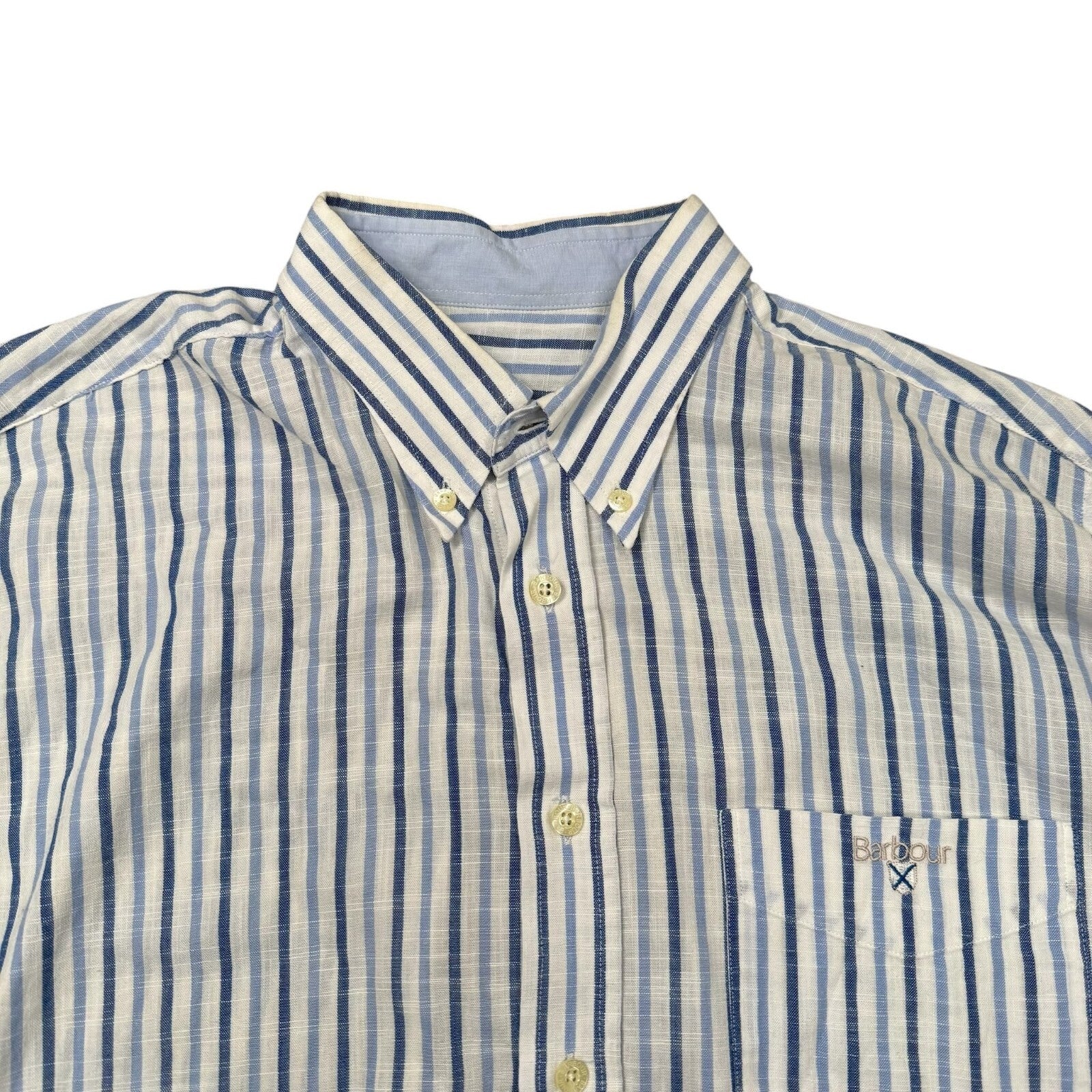 Barbour Button Down Shirt Long Sleeve Blue and White Striped Large