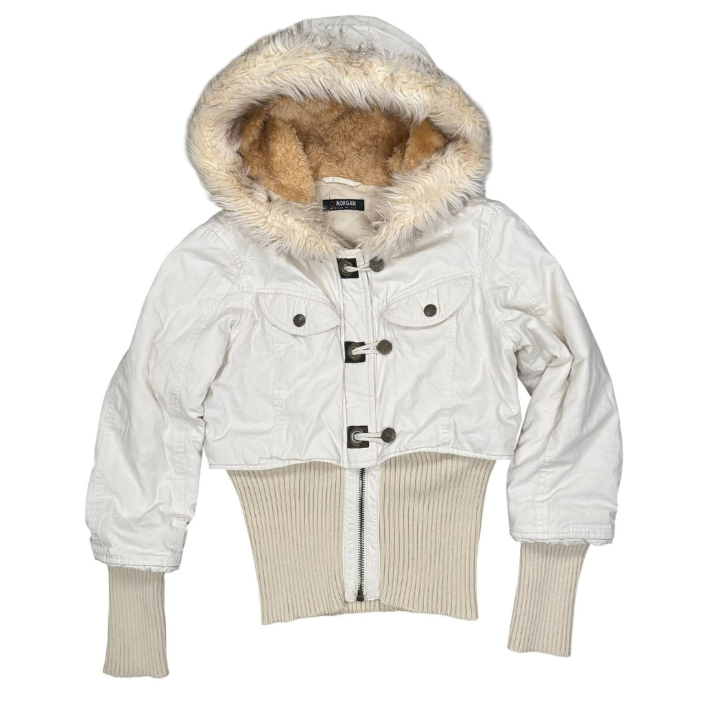 Morgan Vintage Y2K Hooded Jacket Ribbed Cream Faux Fur Small