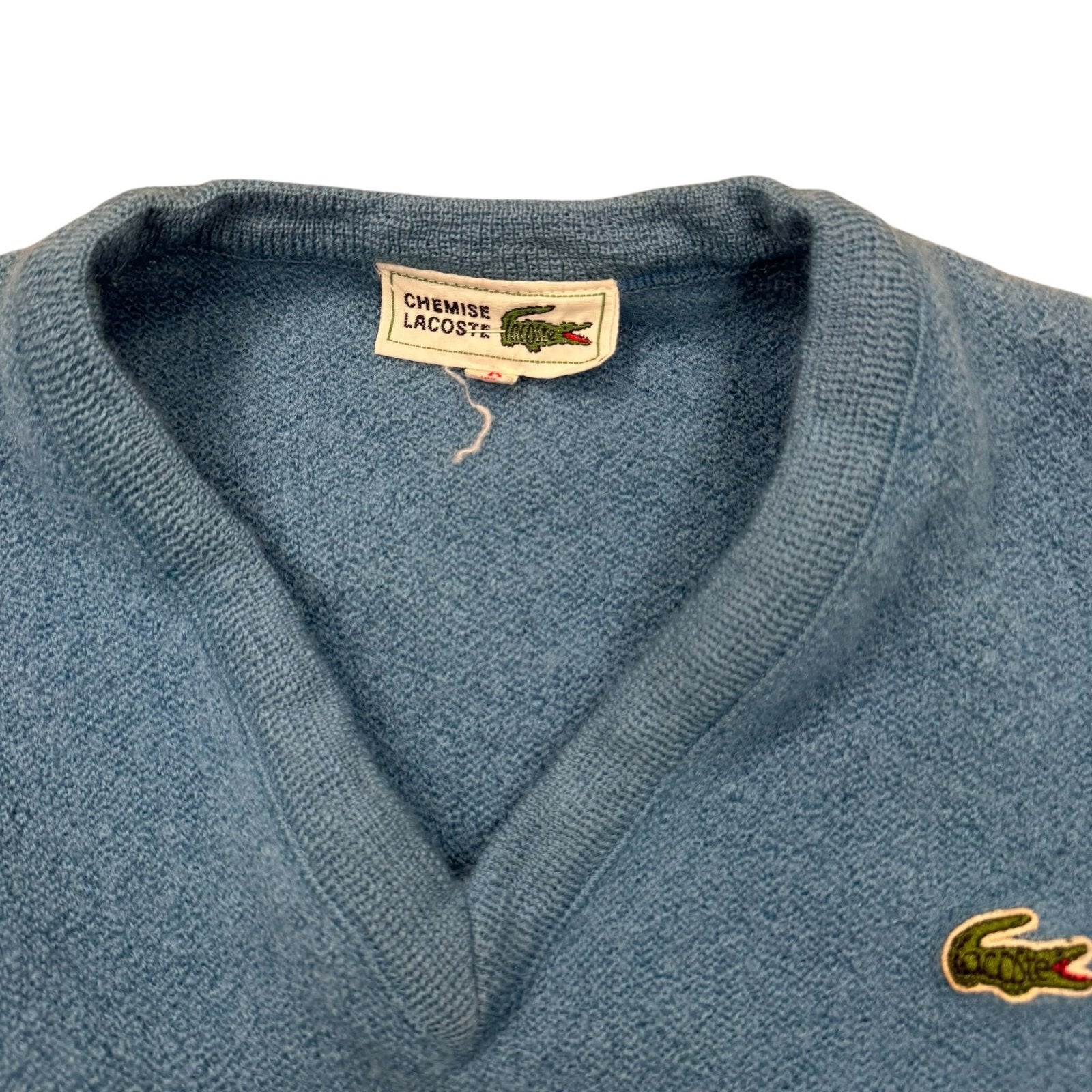 Lacoste Ch Vintage 90s V-Neck Jumper Sweater Wool Blue Small