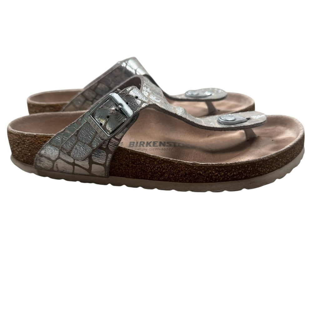 Birkenstock Gizeh Sandals Croc Effect Birko-Flor Silver Size 5