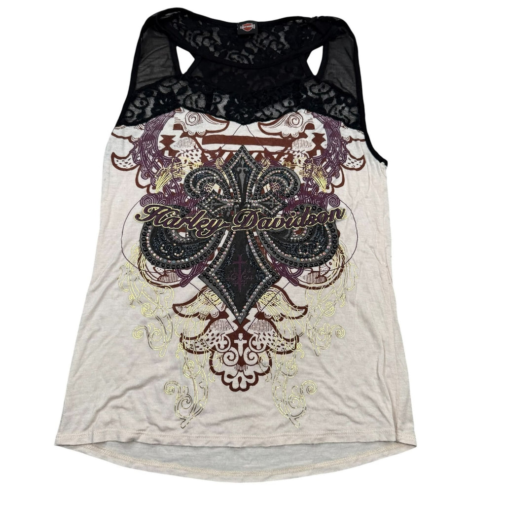 Harley-Davidson Y2K Tank Top Lace Rhinestone Cream Black Graphic Large