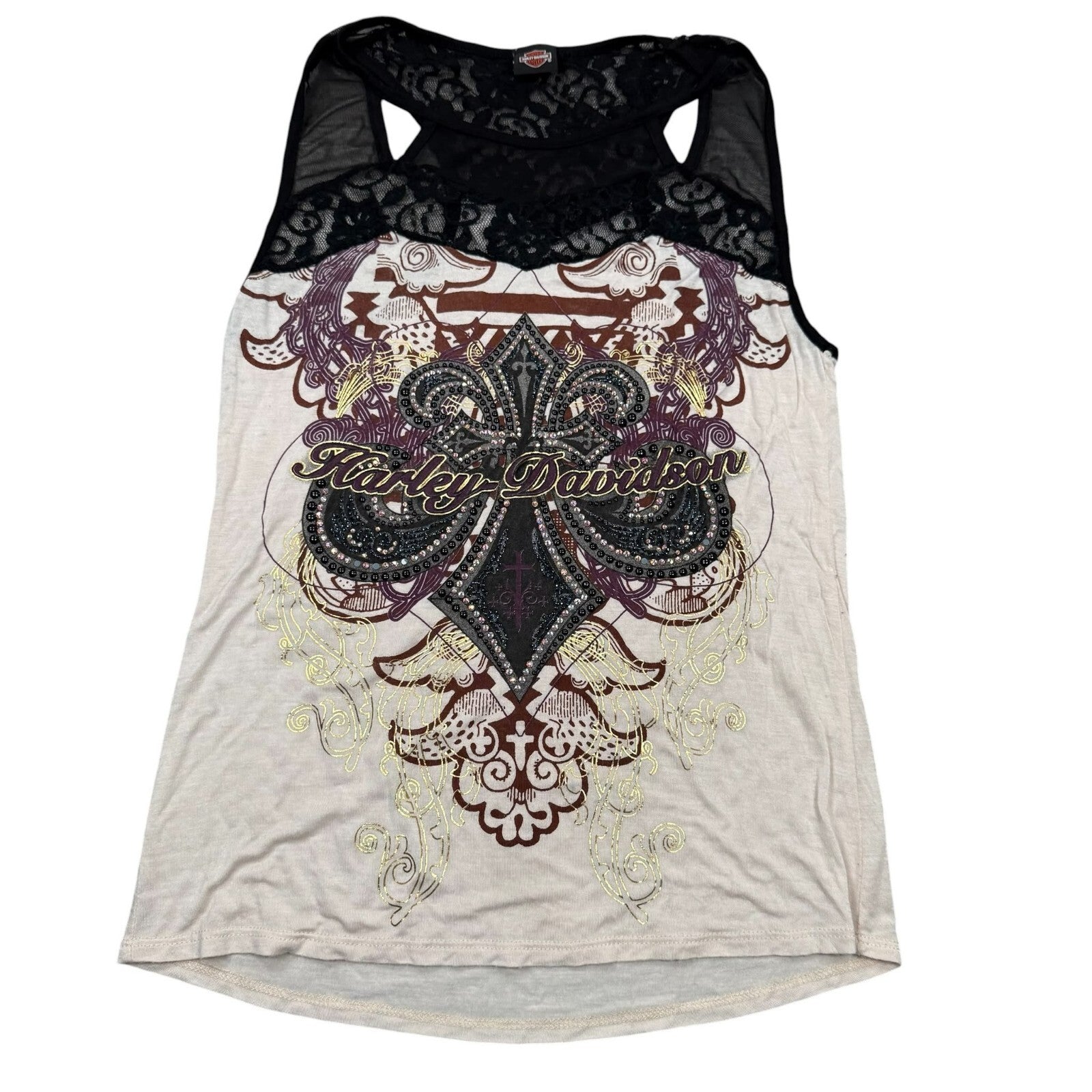 Harley-Davidson Y2K Tank Top Lace Rhinestone Cream Black Graphic Large