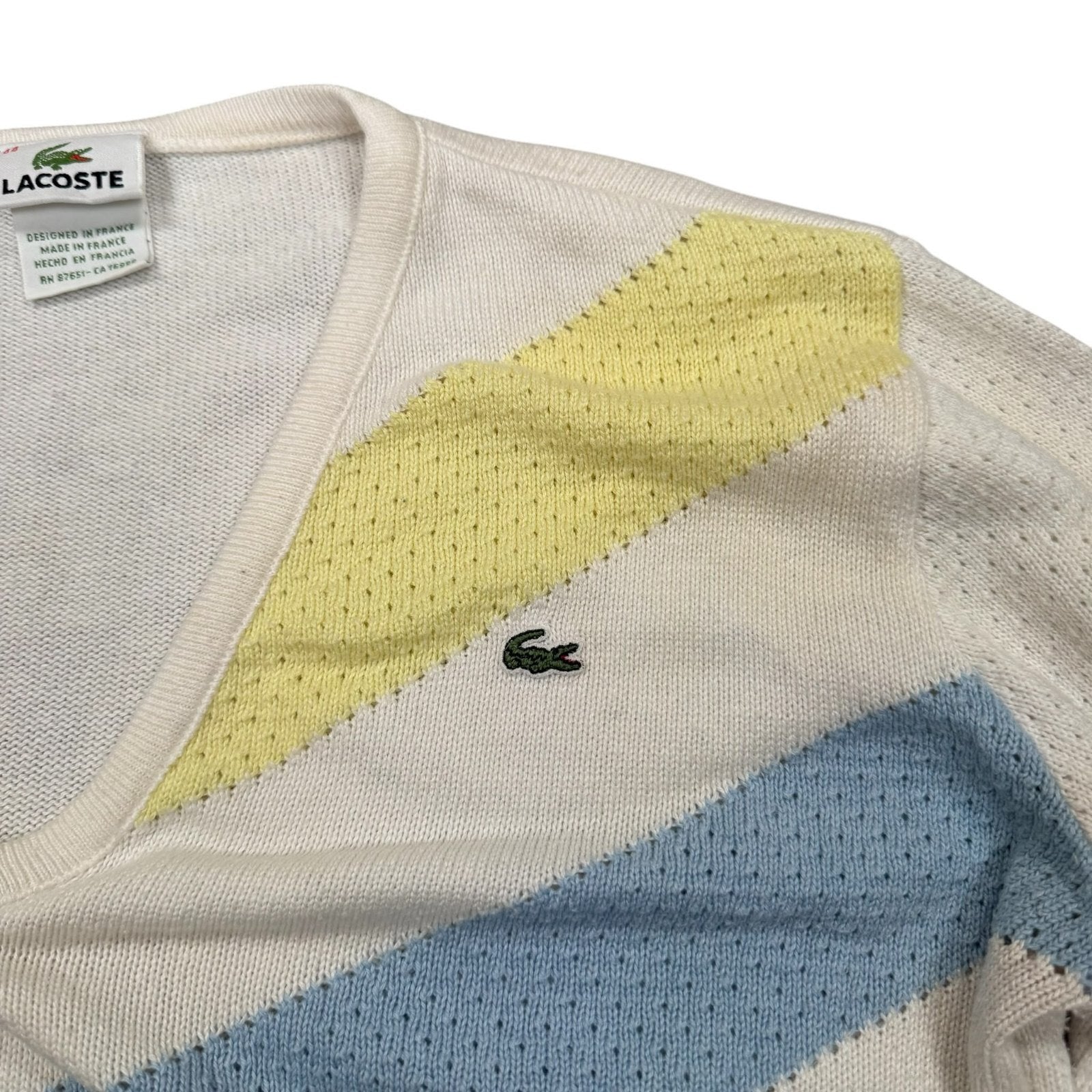 Lacoste Y2K V-Neck Knit Jumper Cream Cotton Blue Yellow Large