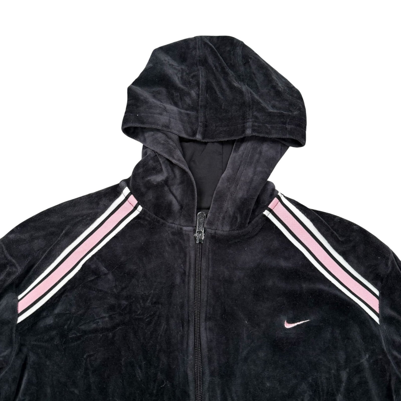 Nike Y2K Zip Up Hoodie Track Jacket Black Velour Pink Stripe Size 8-10
