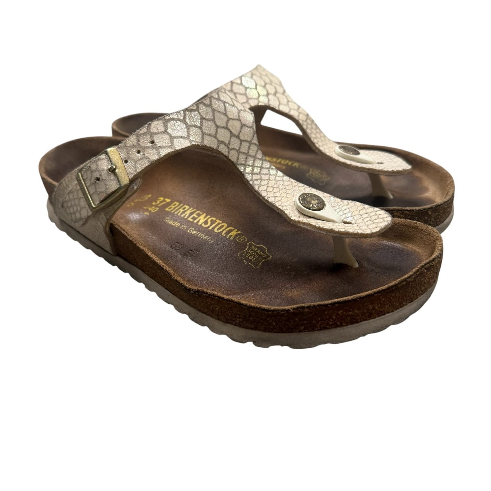 Birkenstock Gizeh Sandals Pearl White Iridescent Snake Print Size 6
