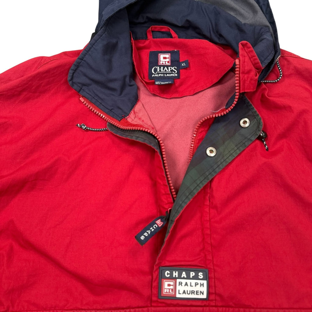 Chaps Ralph Lauren Vintage Y2K Hooded Pullover Windbreaker Jacket Red Navy XL
