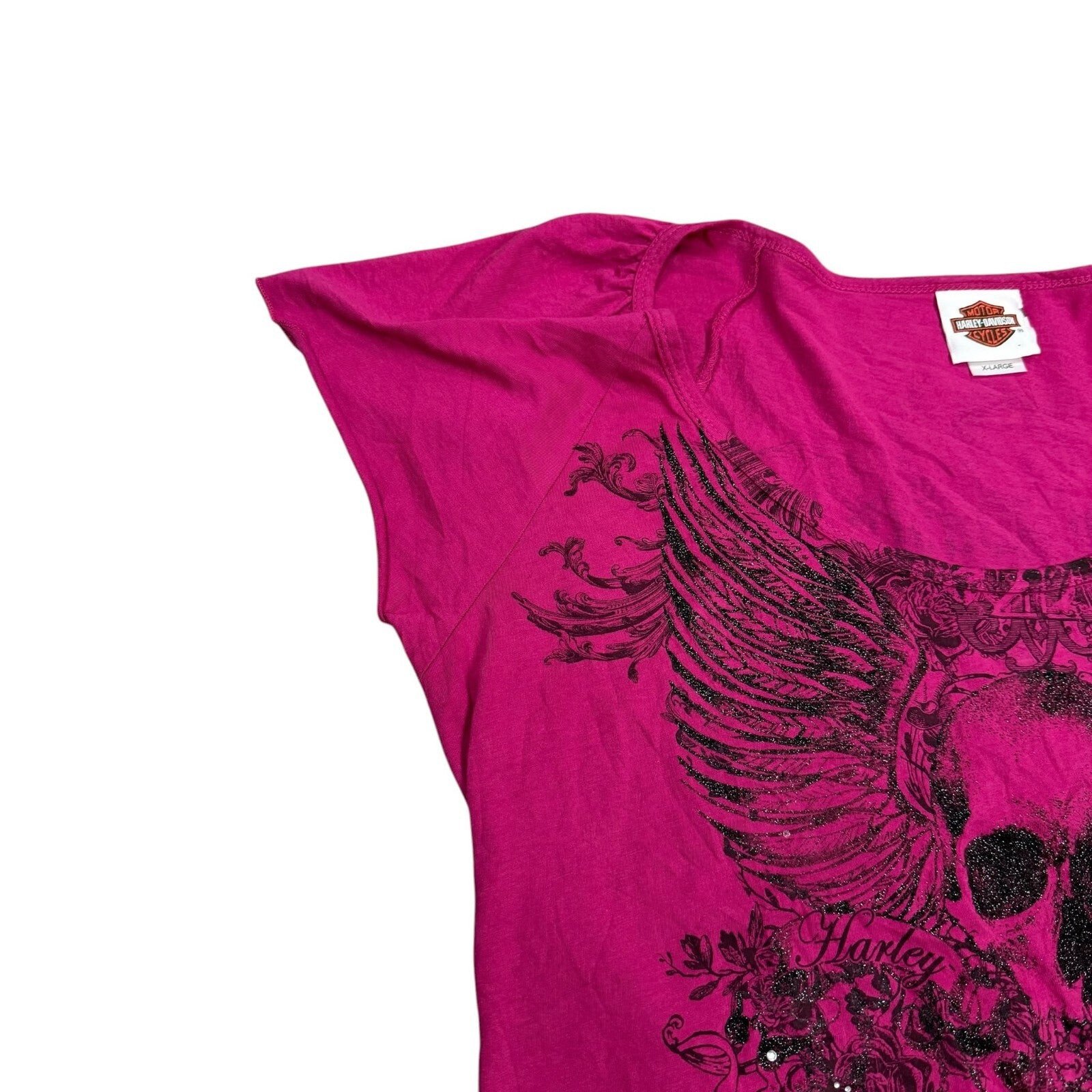 Harley Davidson Y2K T-Shirt Skull Wings Graphic Pink Medium