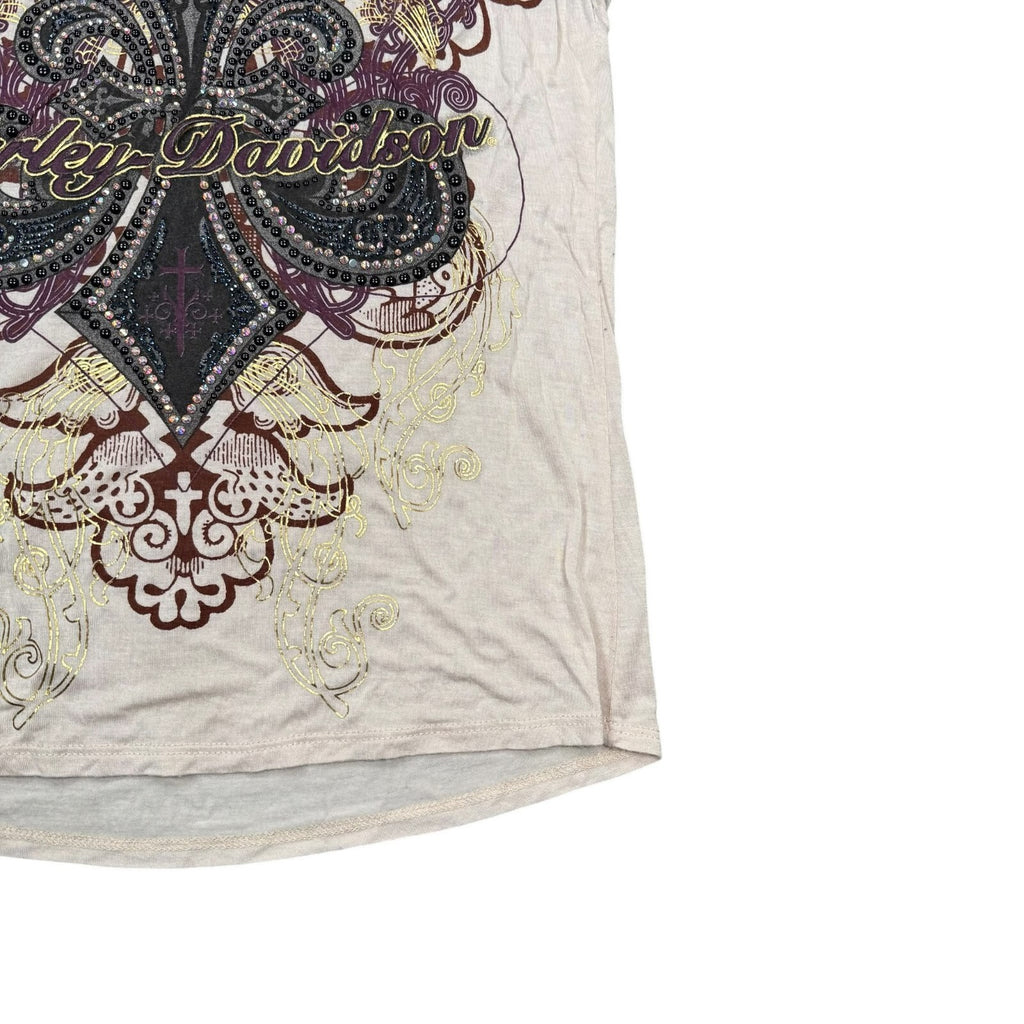 Harley-Davidson Y2K Tank Top Lace Rhinestone Cream Black Graphic Large