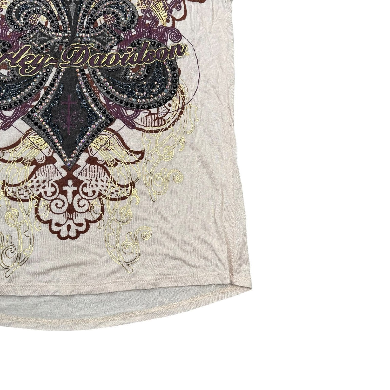 Harley-Davidson Y2K Tank Top Lace Rhinestone Cream Black Graphic Large