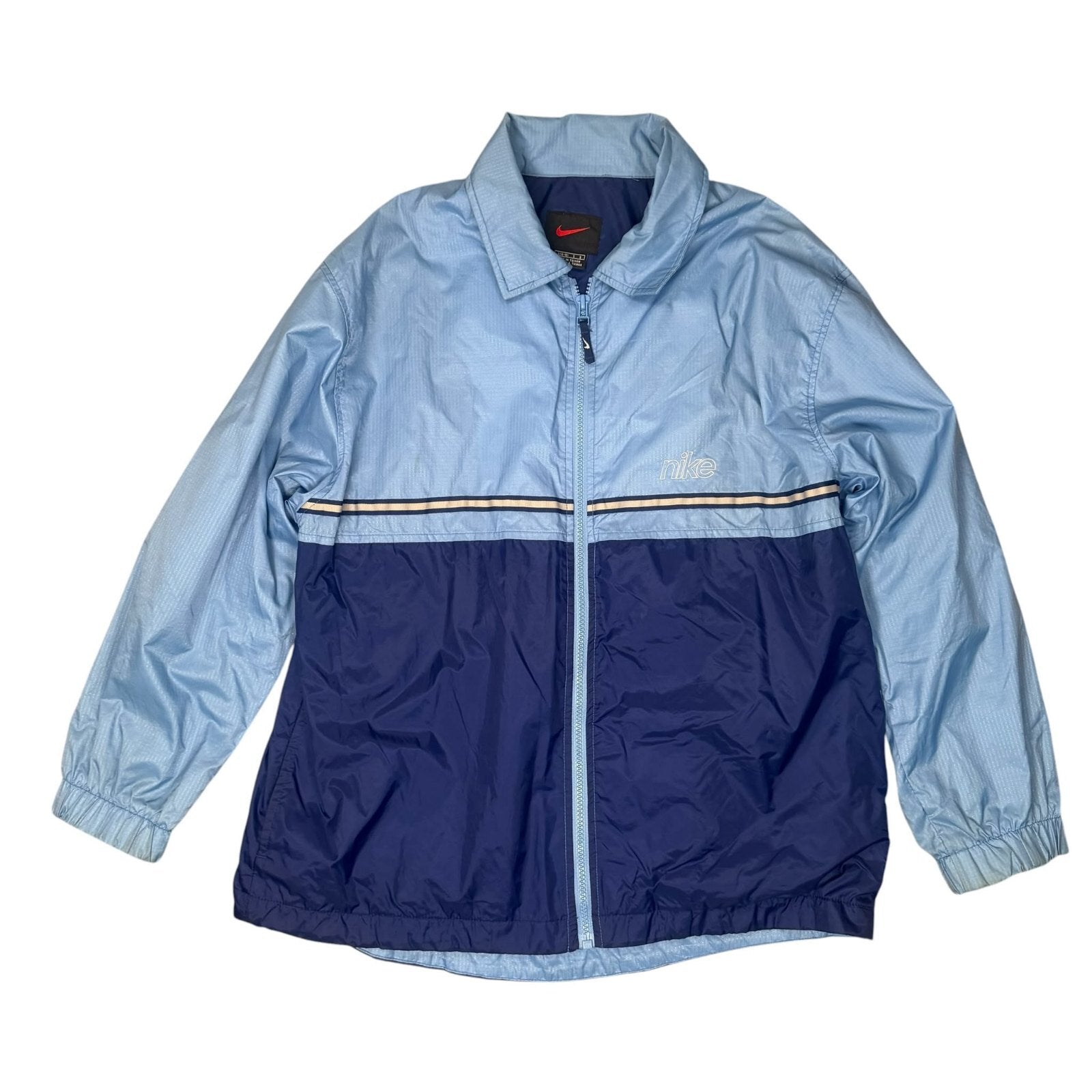 Nike Vintage Y2K Windbreaker Jacket Full Zip Up Light Blue and Navy L 14-16