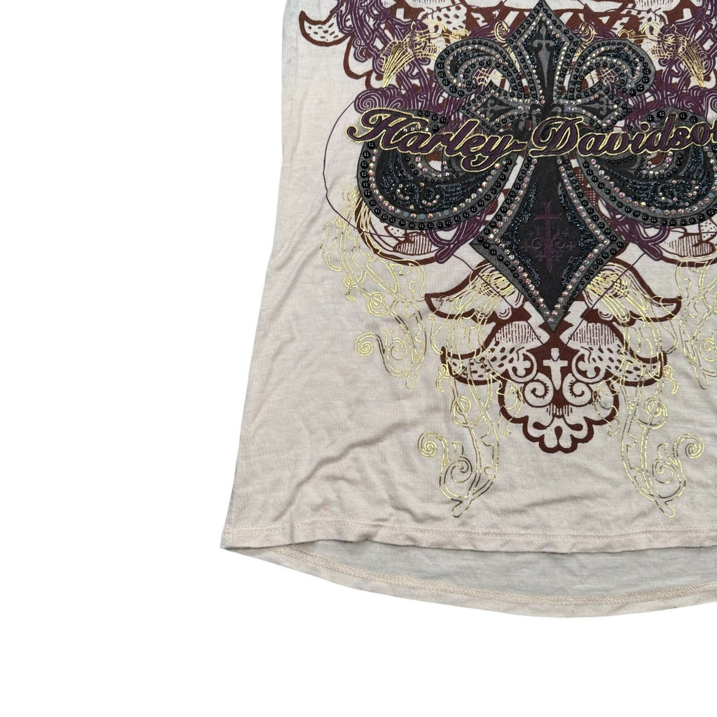Harley-Davidson Y2K Tank Top Lace Rhinestone Cream Black Graphic Large