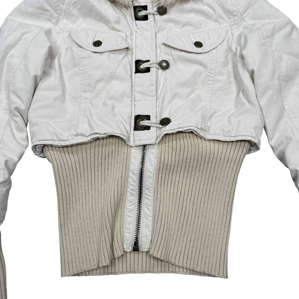 Morgan Vintage Y2K Hooded Jacket Ribbed Cream Faux Fur Small