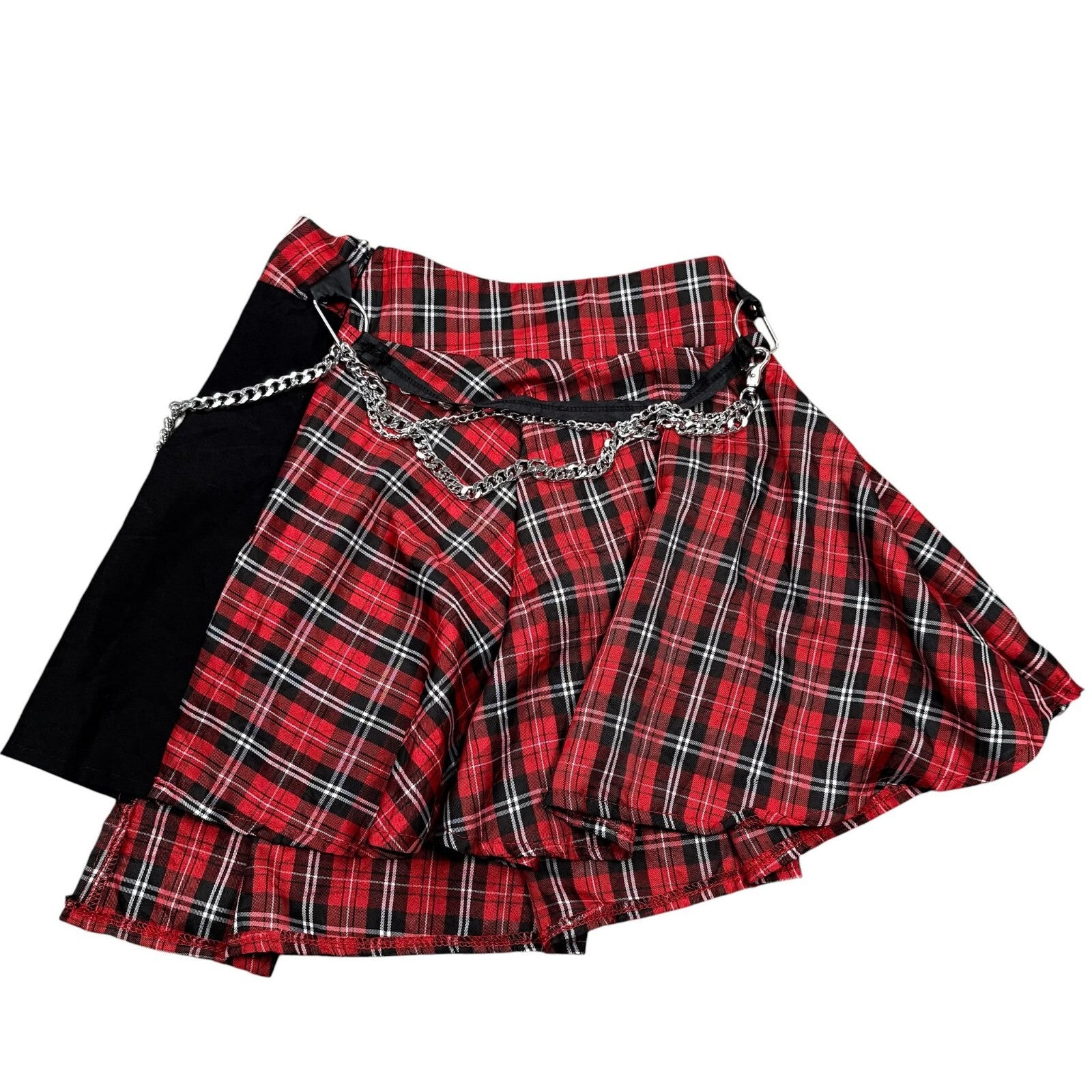 Tartan Y2K Pleated Mini Skirt Chain Punk Goth Plaid Red Black Waist 26 in