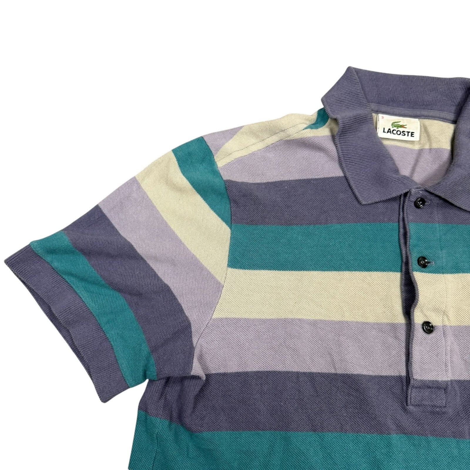 Lacoste Y2K Polo Shirt Striped Short Sleeve Grey and Purple Teal Small