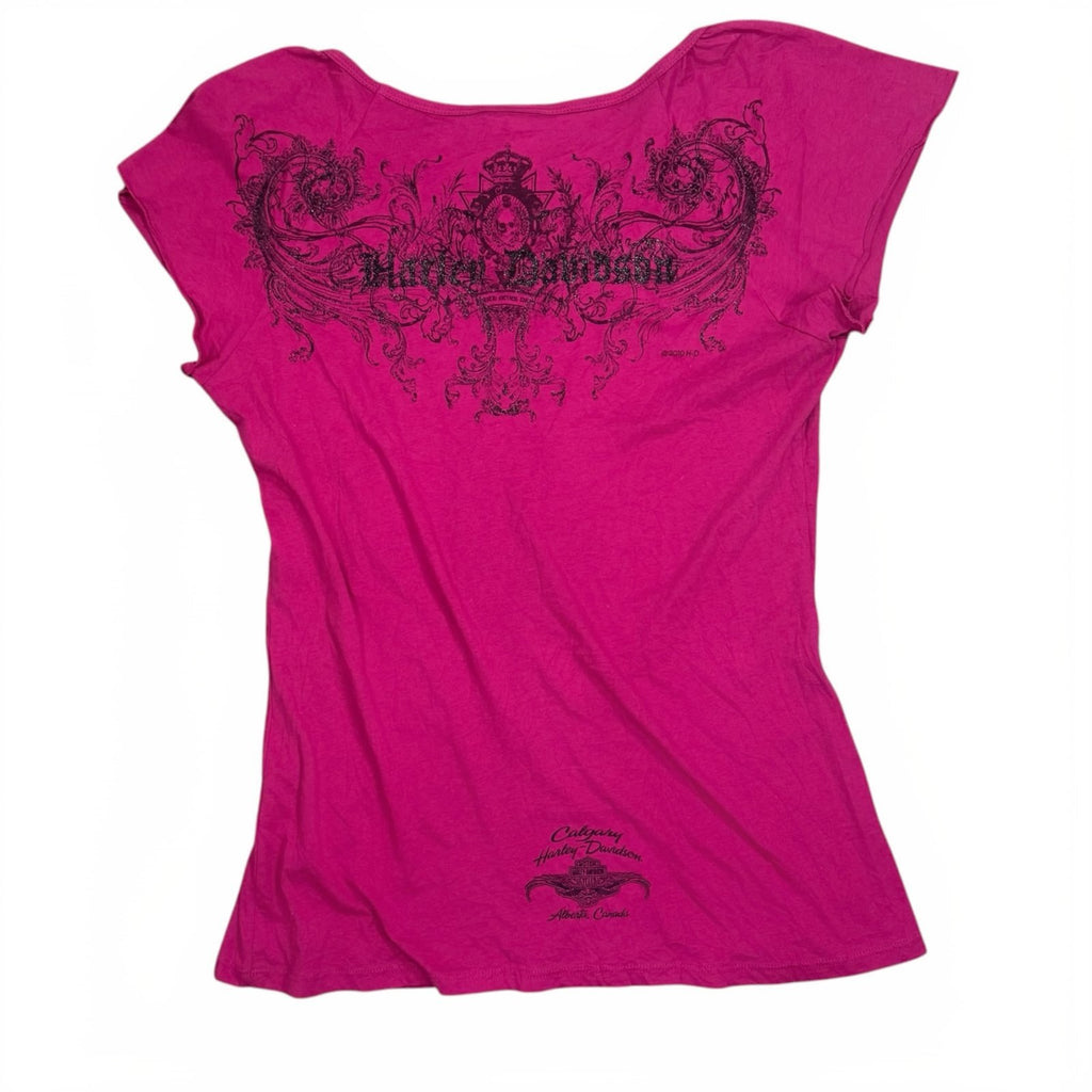 Harley Davidson Y2K T-Shirt Skull Wings Graphic Pink Medium