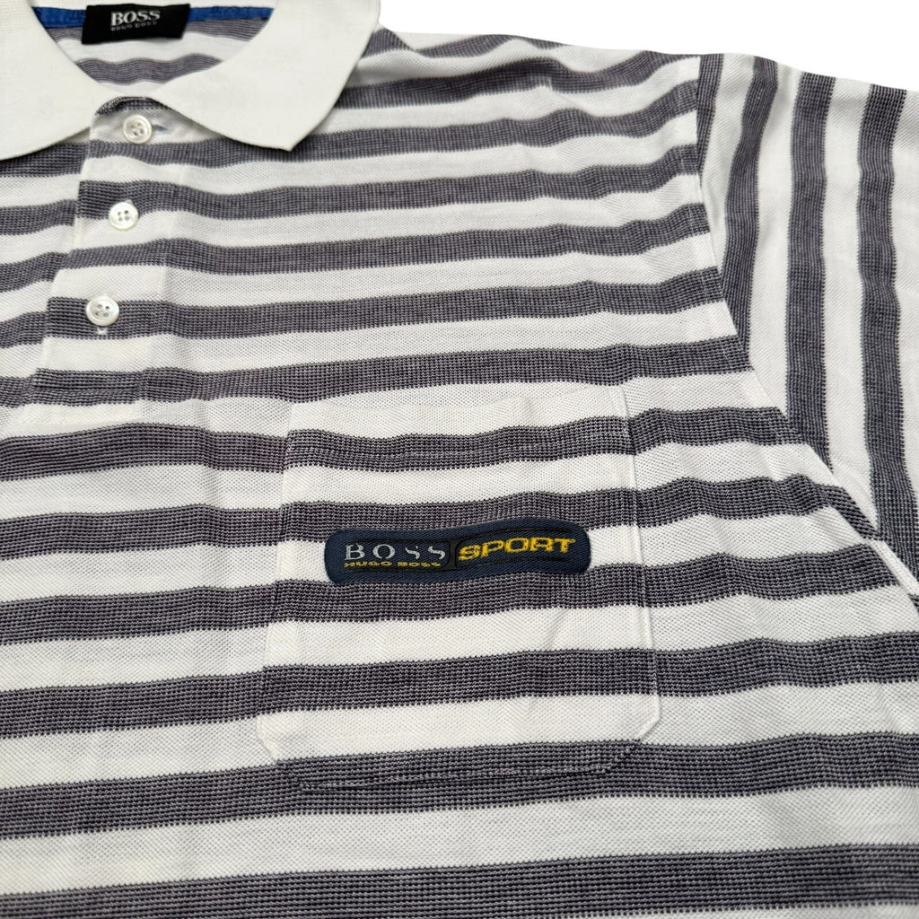 BOSS Sport Hugo Boss Vintage Polo Shirt Striped Cotton White and Grey XL