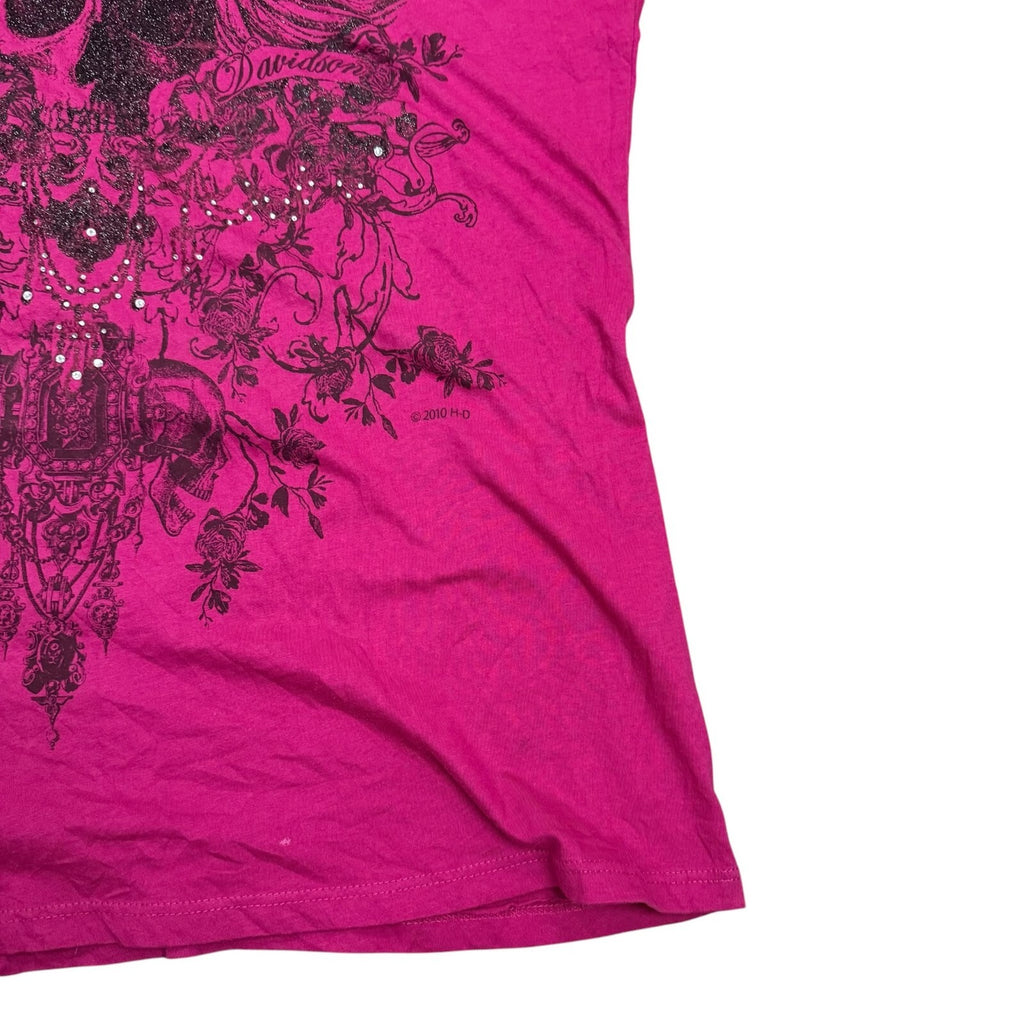 Harley Davidson Y2K T-Shirt Skull Wings Graphic Pink Medium