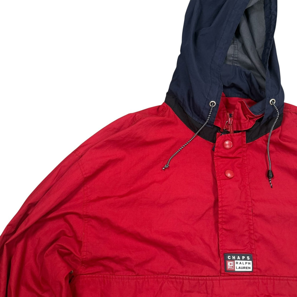 Chaps Ralph Lauren Vintage Y2K Hooded Pullover Windbreaker Jacket Red Navy XL