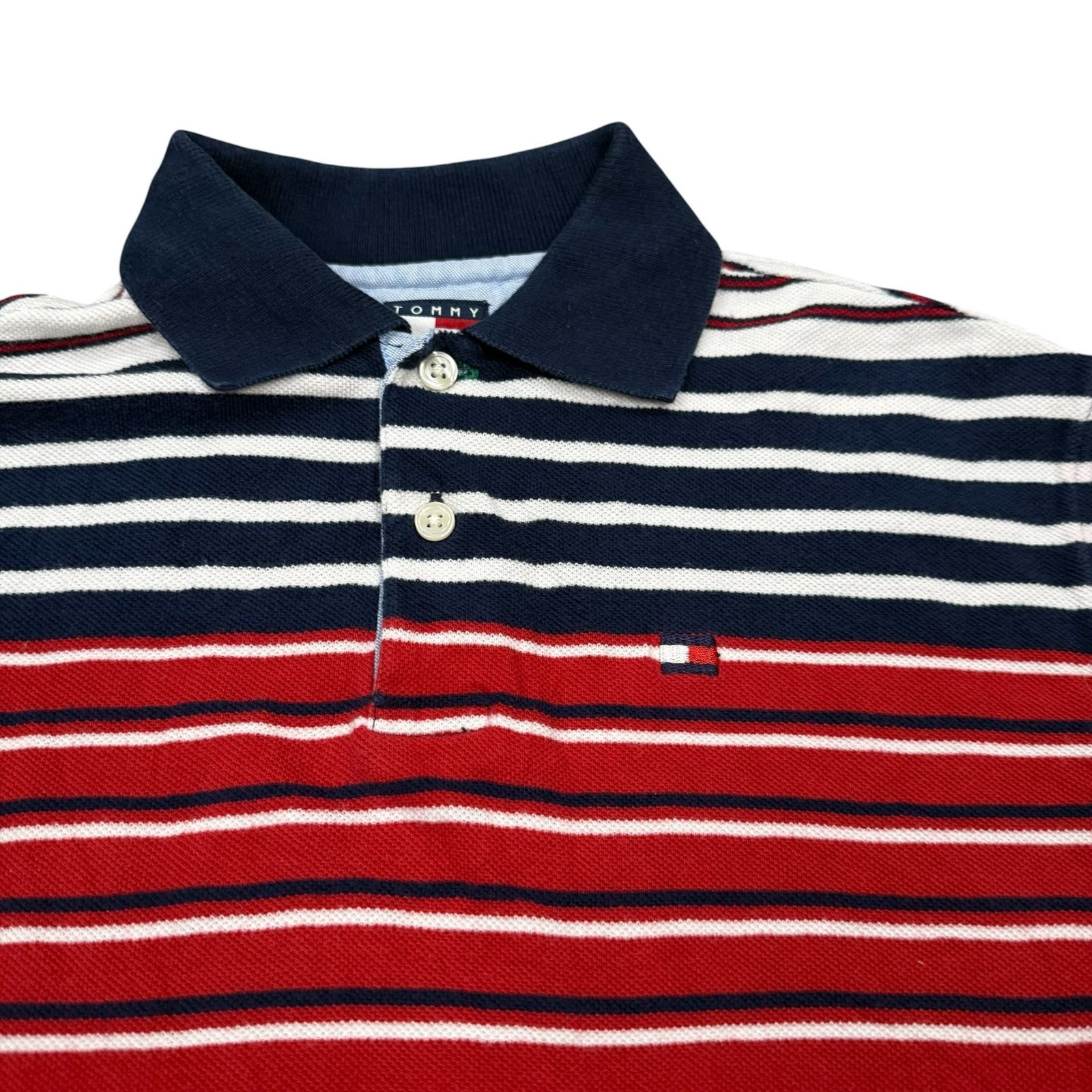 Tommy Hilfiger Vintage Y2K Polo Shirt Striped Red Navy White Medium