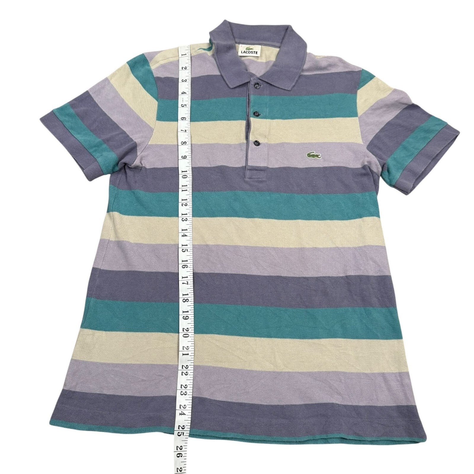 Lacoste Y2K Polo Shirt Striped Short Sleeve Grey and Purple Teal Small