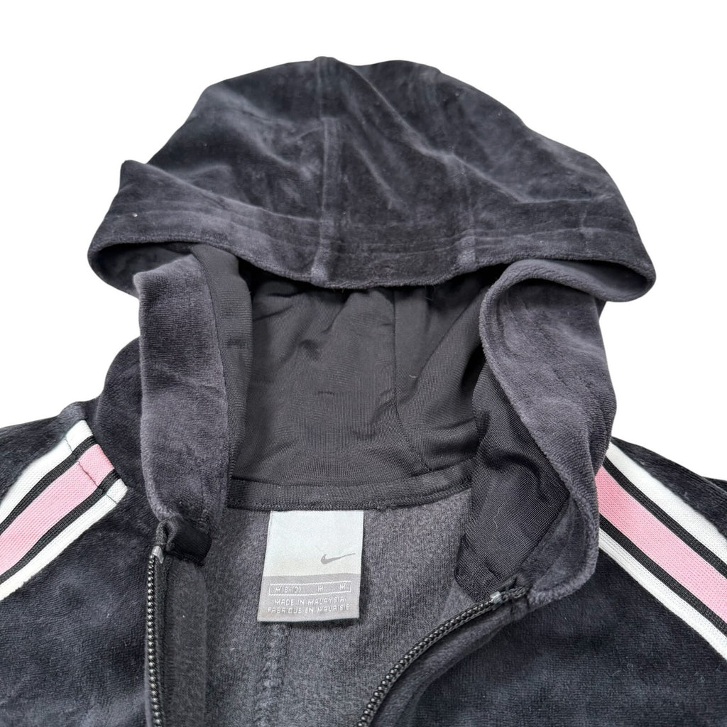 Nike Y2K Zip Up Hoodie Track Jacket Black Velour Pink Stripe Size 8-10