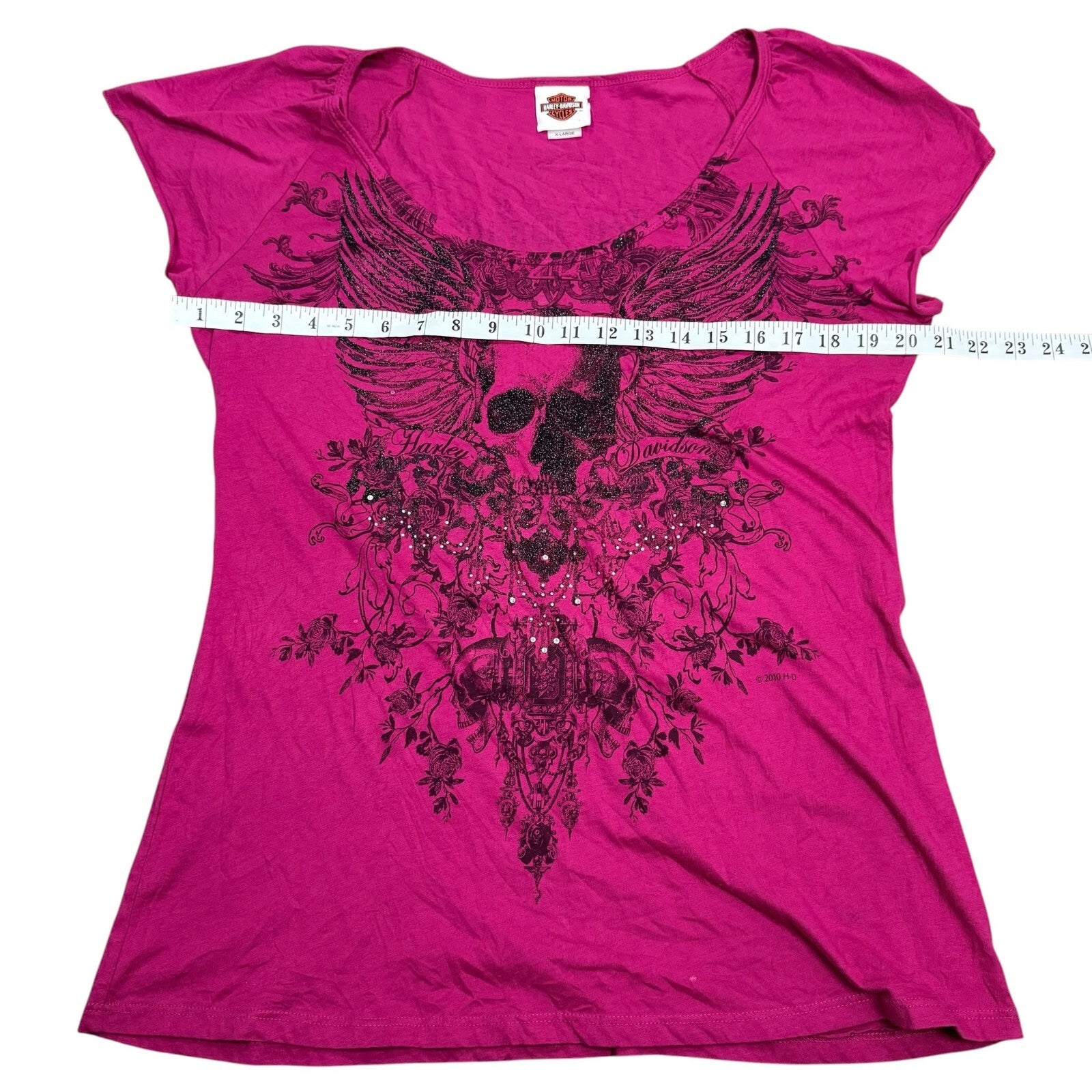 Harley Davidson Y2K T-Shirt Skull Wings Graphic Pink Medium