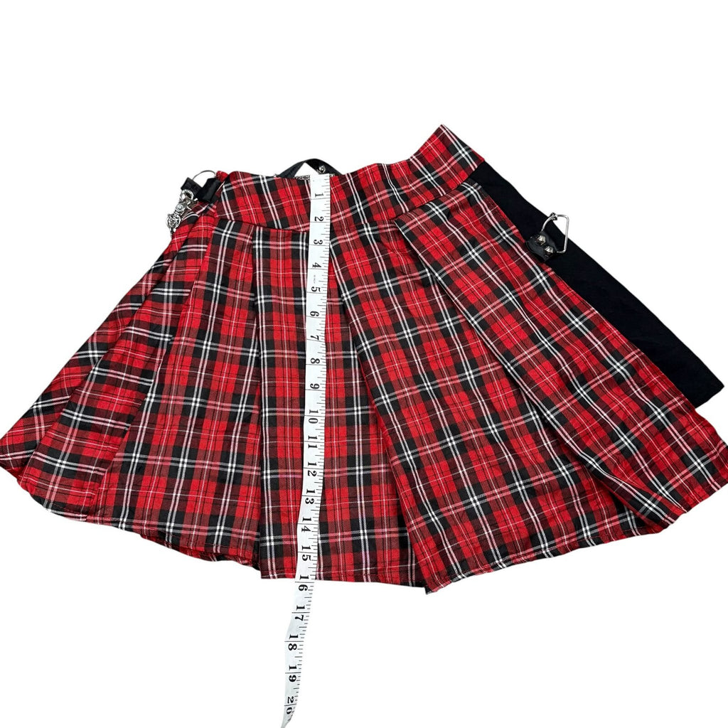 Tartan Y2K Pleated Mini Skirt Chain Punk Goth Plaid Red Black Waist 26 in
