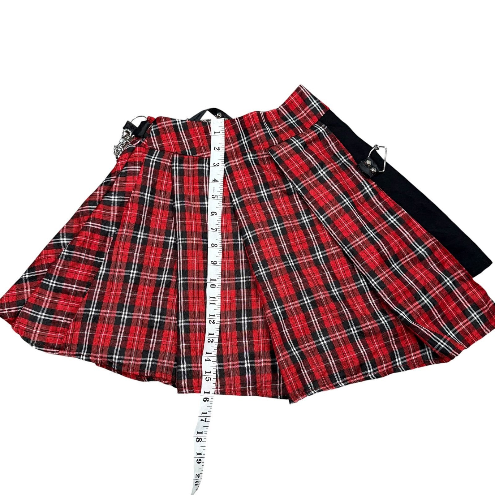 Tartan Y2K Pleated Mini Skirt Chain Punk Goth Plaid Red Black Waist 26 in