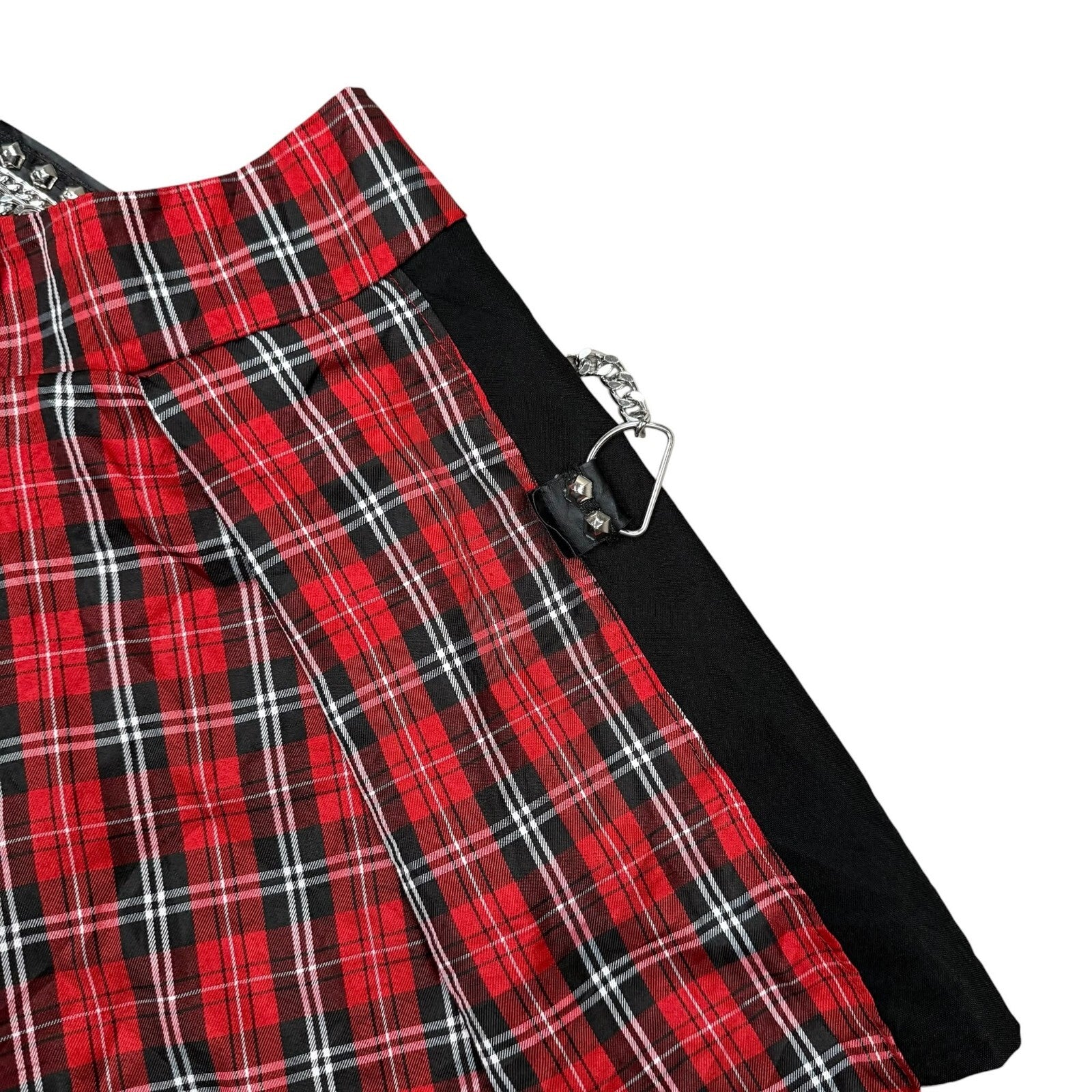 Tartan Y2K Pleated Mini Skirt Chain Punk Goth Plaid Red Black Waist 26 in