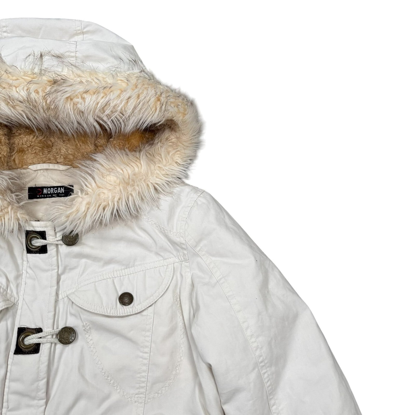 Morgan Vintage Y2K Hooded Jacket Ribbed Cream Faux Fur Small