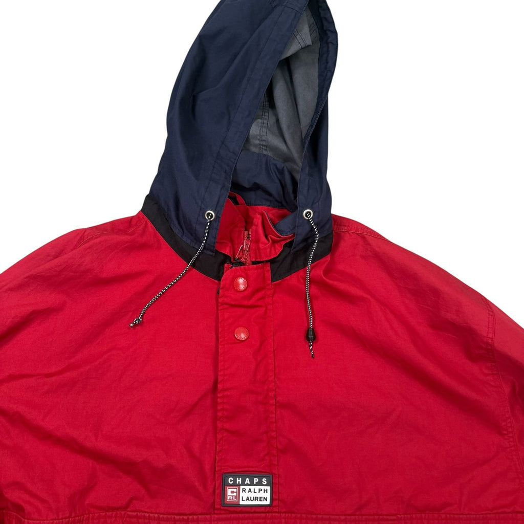 Chaps Ralph Lauren Vintage Y2K Hooded Pullover Windbreaker Jacket Red Navy XL