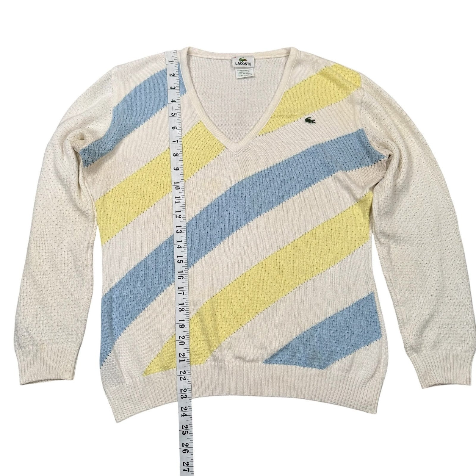 Lacoste Y2K V-Neck Knit Jumper Cream Cotton Blue Yellow Large