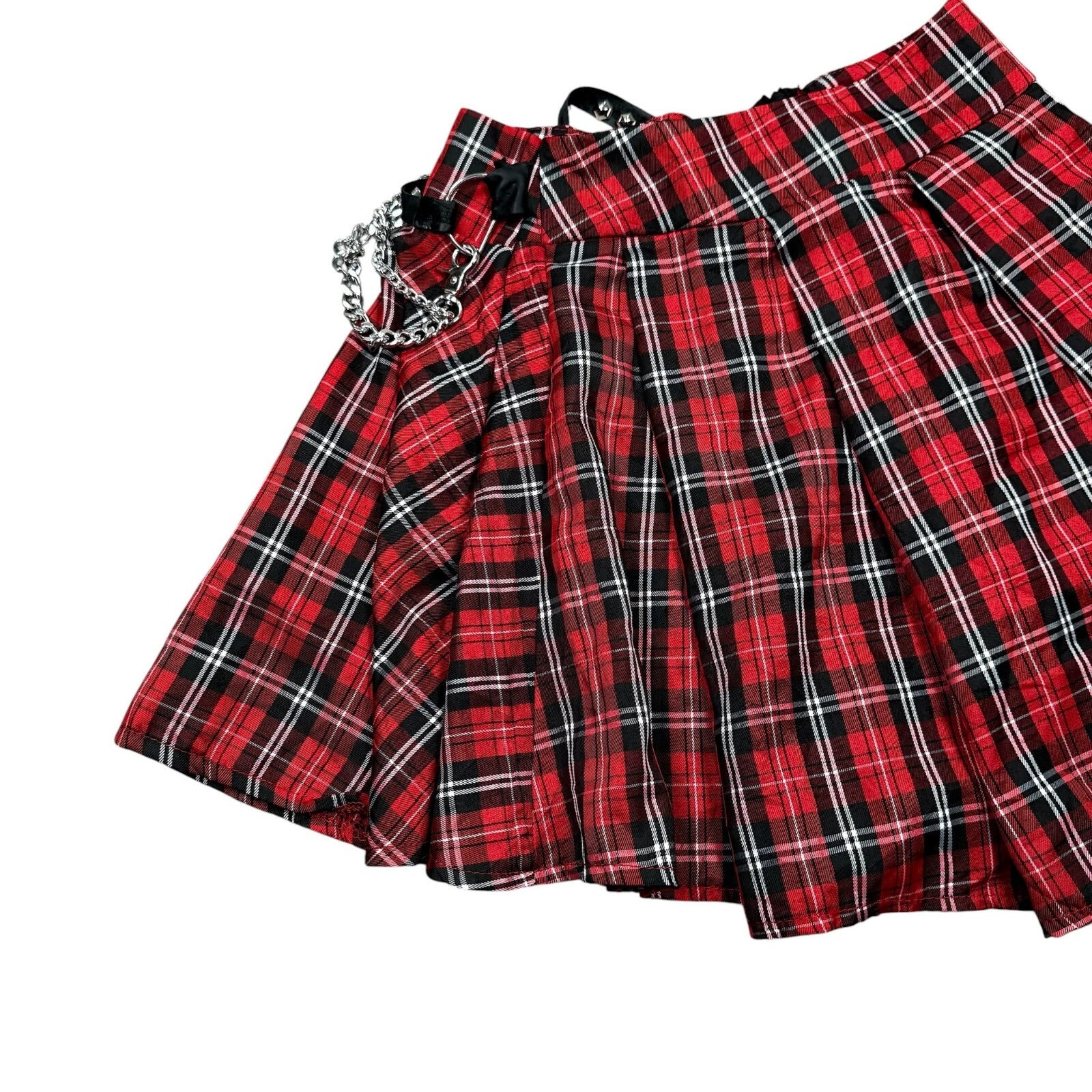 Tartan Y2K Pleated Mini Skirt Chain Punk Goth Plaid Red Black Waist 26 in