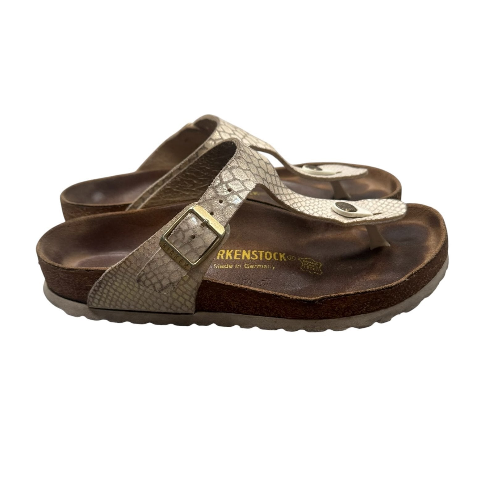 Birkenstock Gizeh Sandals Pearl White Iridescent Snake Print Size 6