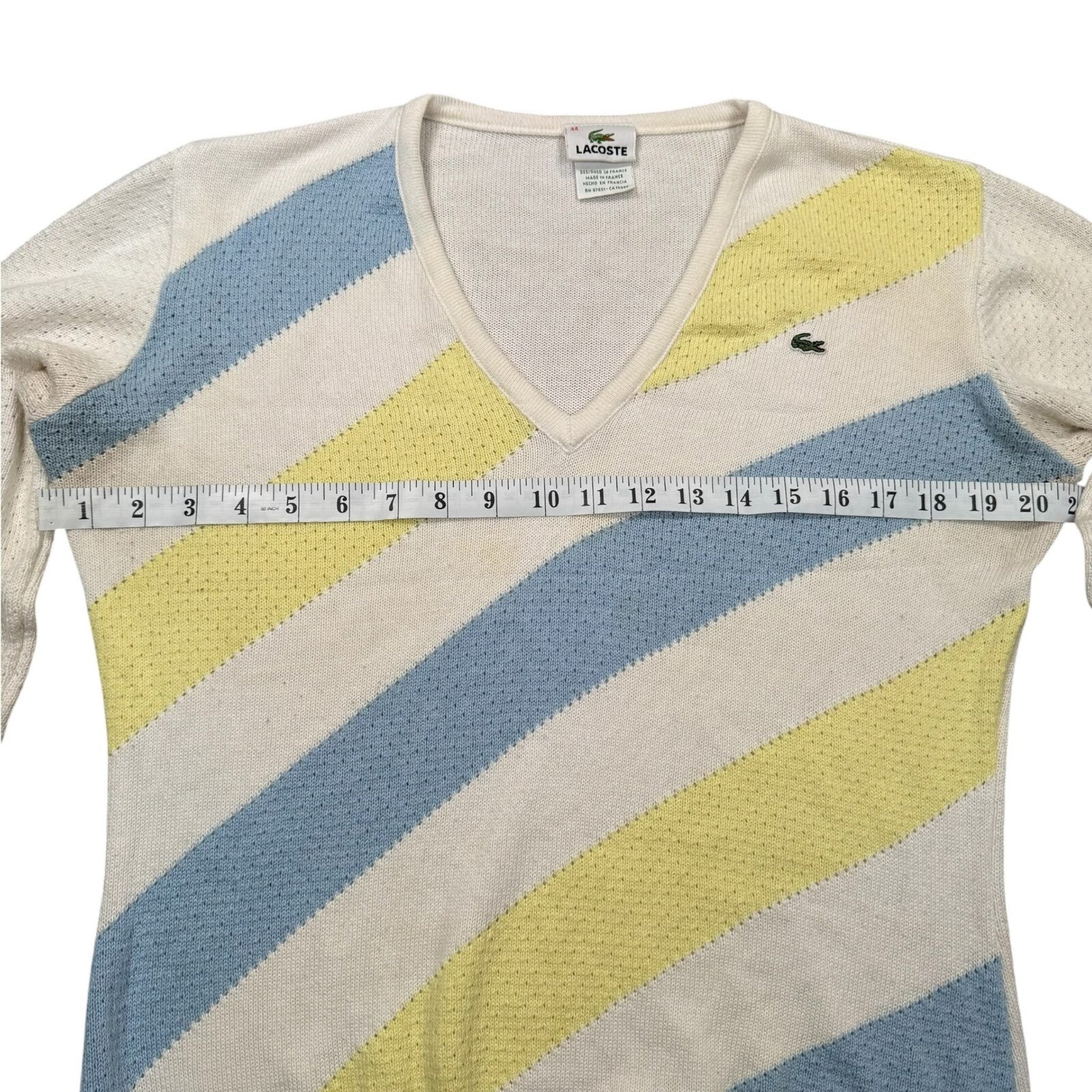Lacoste Y2K V-Neck Knit Jumper Cream Cotton Blue Yellow Large