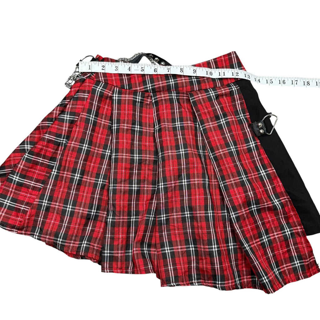 Tartan Y2K Pleated Mini Skirt Chain Punk Goth Plaid Red Black Waist 26 in