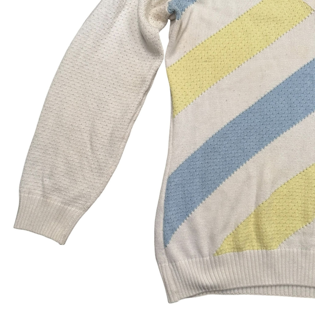 Lacoste Y2K V-Neck Knit Jumper Cream Cotton Blue Yellow Large