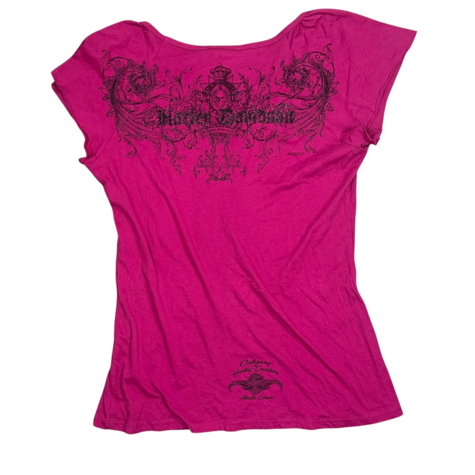 Harley Davidson Y2K T-Shirt Skull Wings Graphic Pink Medium