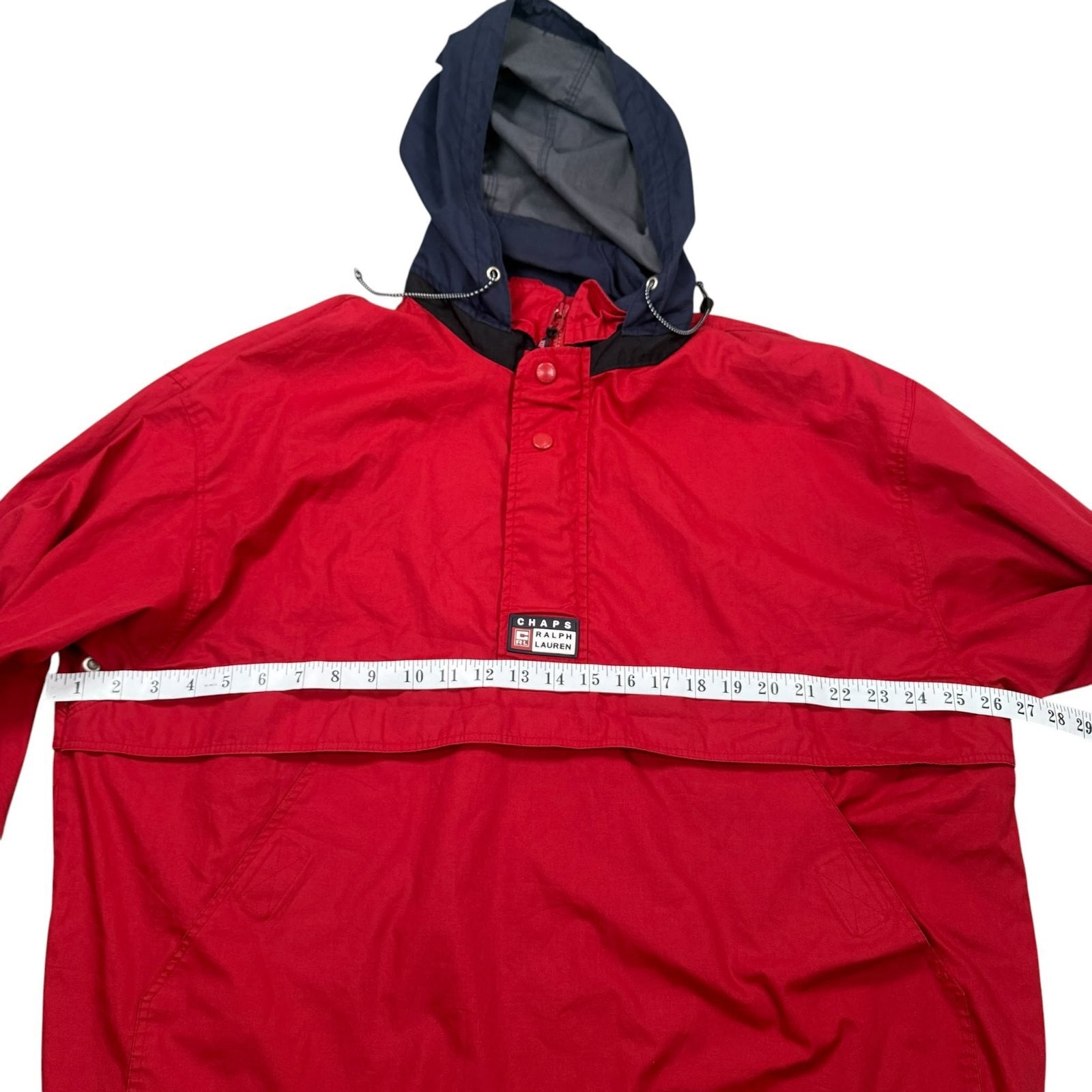 Chaps Ralph Lauren Vintage Y2K Hooded Pullover Windbreaker Jacket Red Navy XL