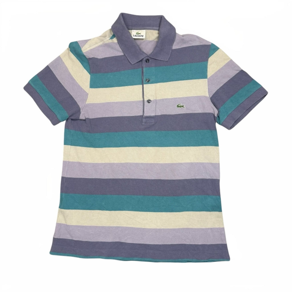 Lacoste Y2K Polo Shirt Striped Short Sleeve Grey and Purple Teal Small