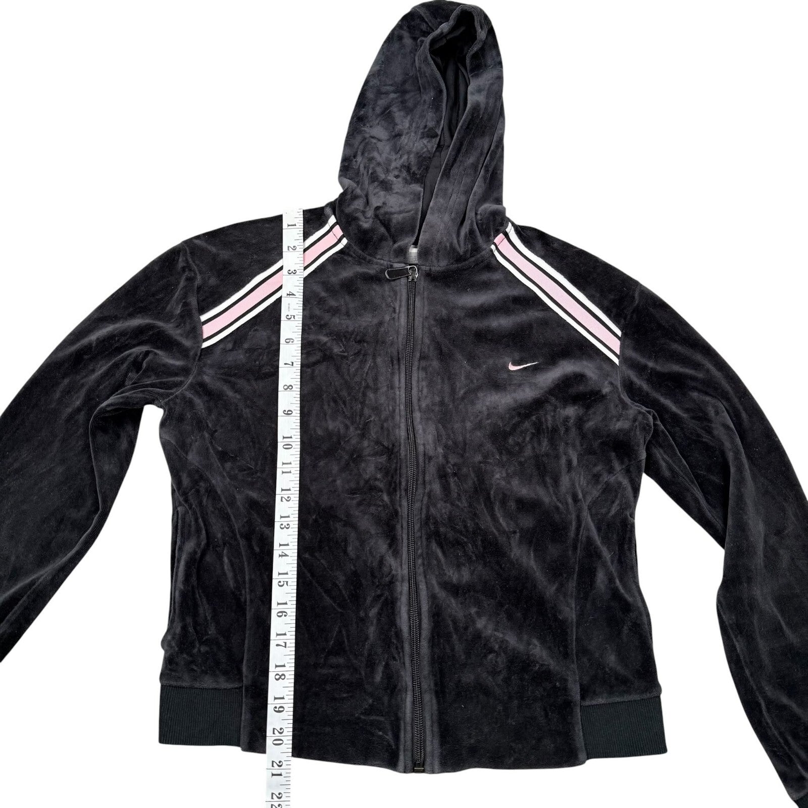 Nike Y2K Zip Up Hoodie Track Jacket Black Velour Pink Stripe Size 8-10