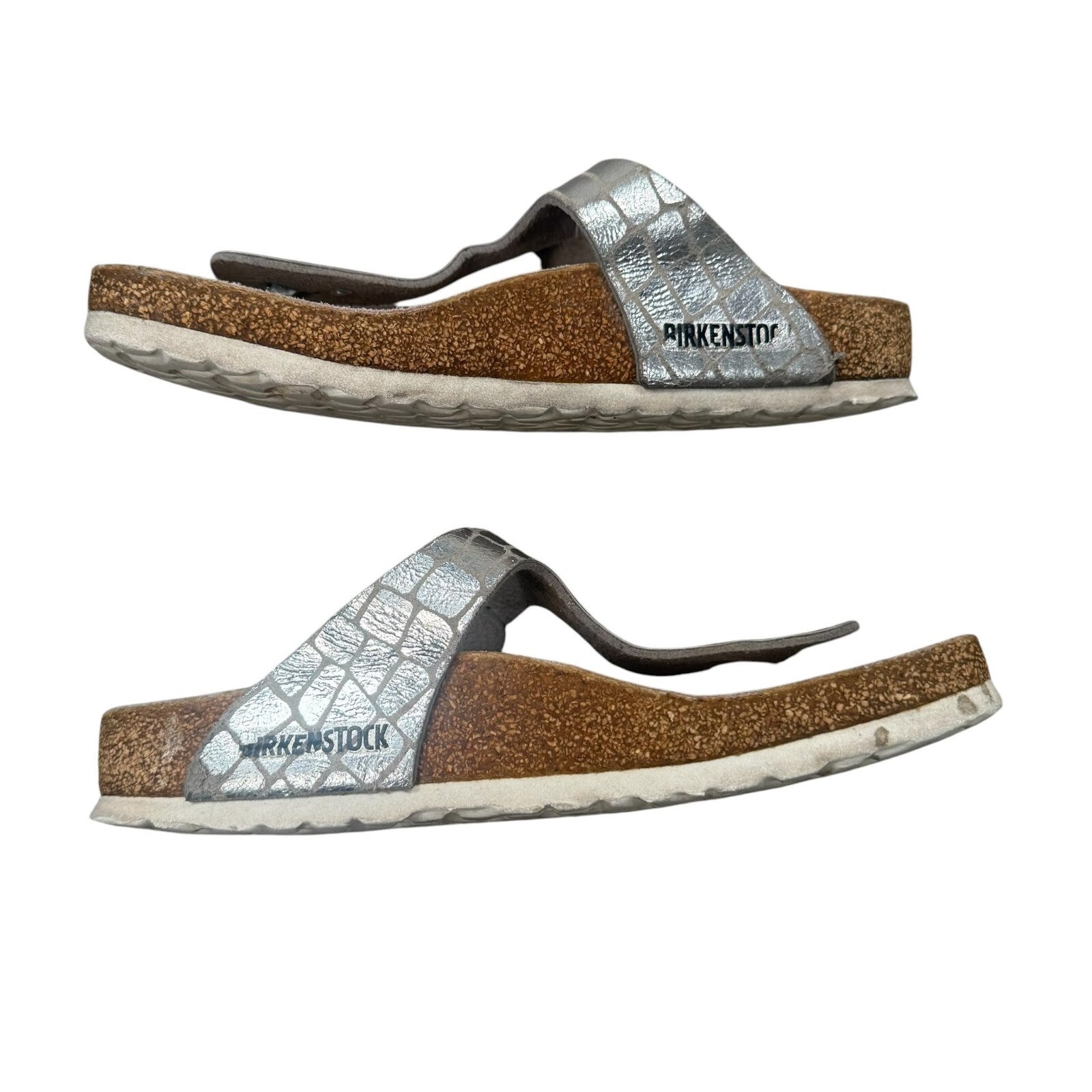Birkenstock Gizeh Sandals Croc Effect Birko-Flor Silver Size 5